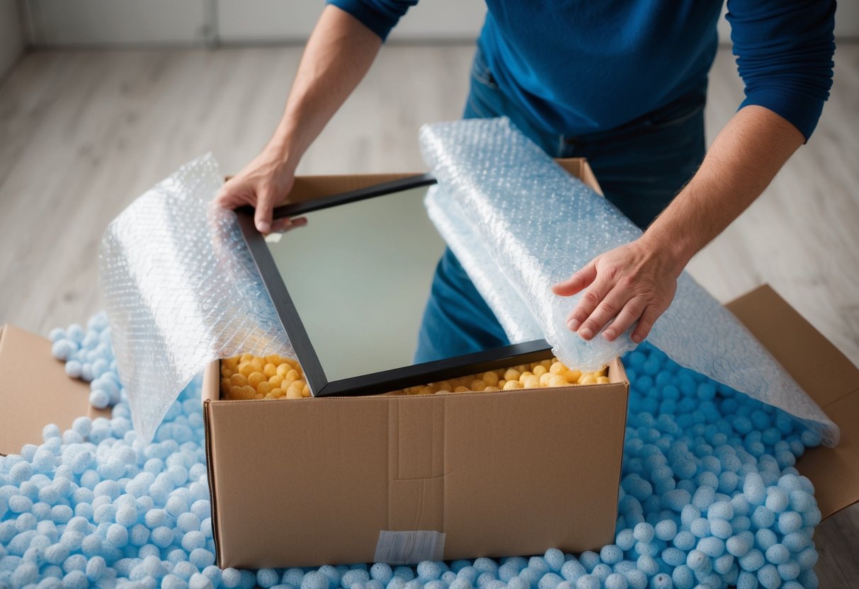 En person som försiktigt sveper in en spegel i bubbelplast och placerar den i en robust pappkartong, omgiven av packningsjordnötter och säkrad med tejp.